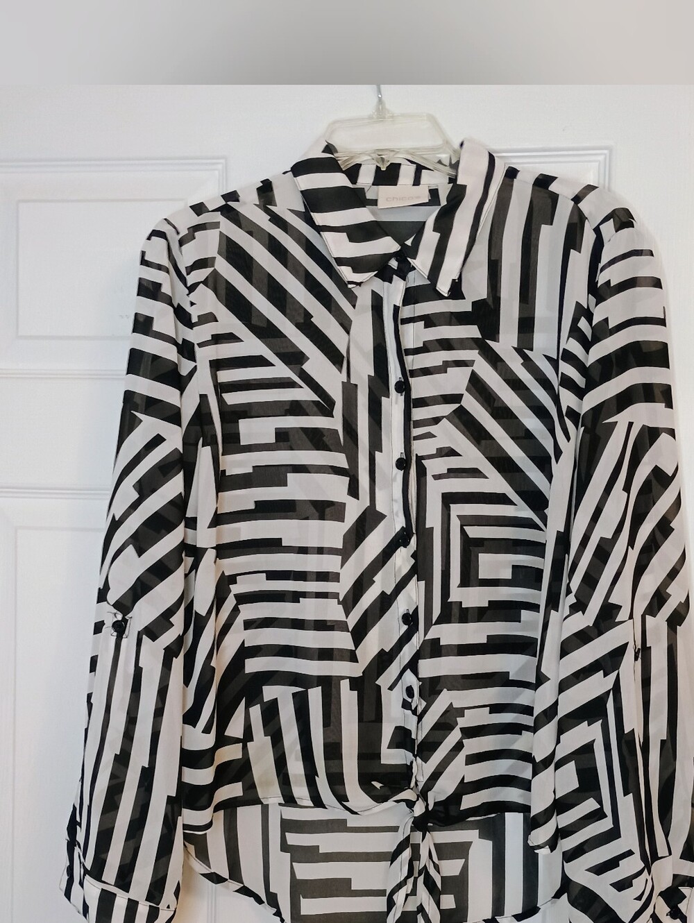 Chicos Women Blouse 2 Black White Sheer Long or 3/4 Sleeve Geometric Tie Front